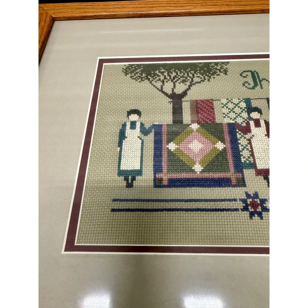 Vintage Amish Folk Art Framed Cross Stitch Set Welcome & The Auction Quilt Theme